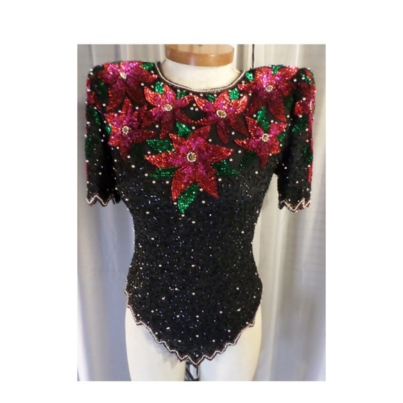 NWT Black Red Gold Silk Bead Sequin Holiday Blouse - Picture 6 of 8